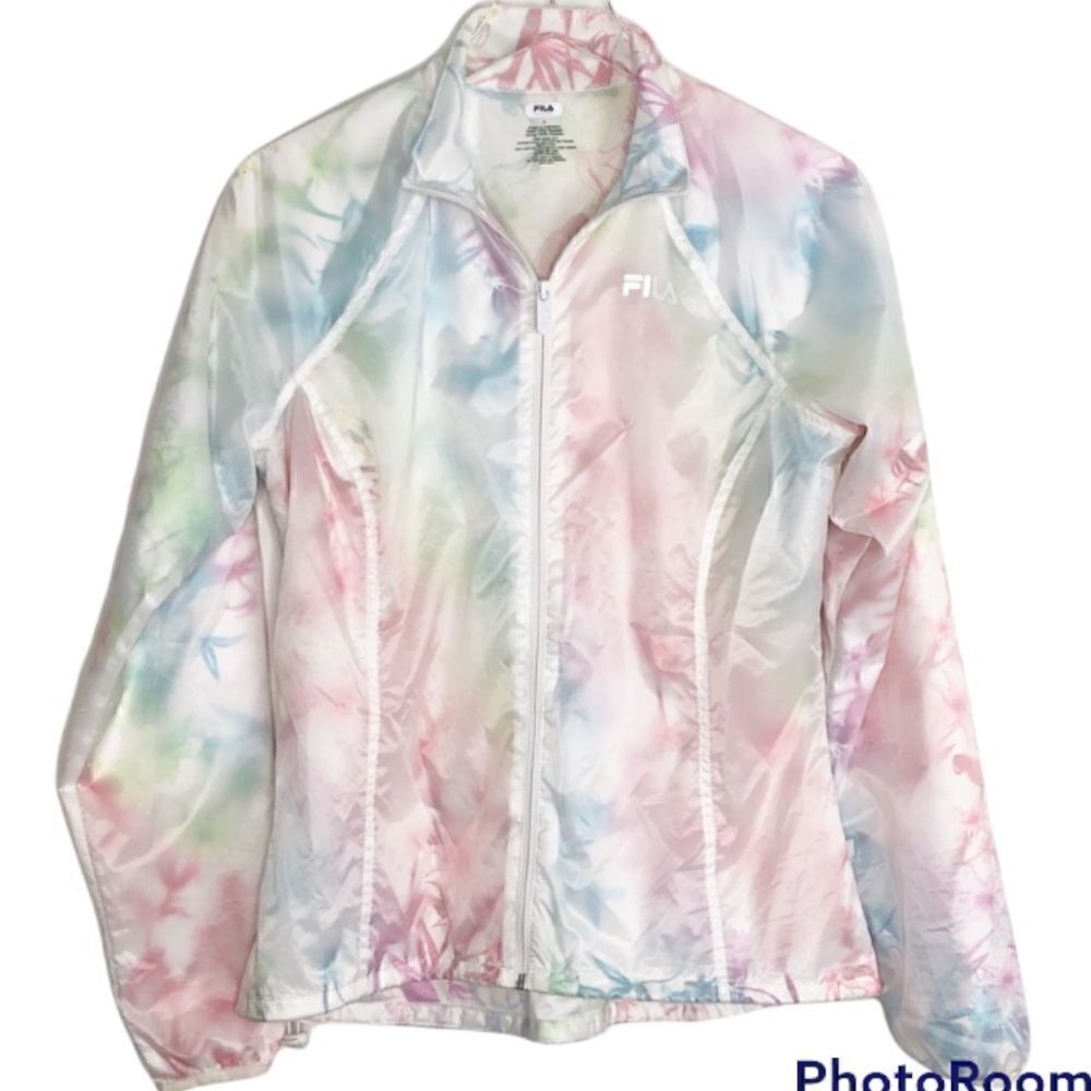 FILA Women’s Pastel Rainbow Bird Print Windbreaker Jacket Size Small